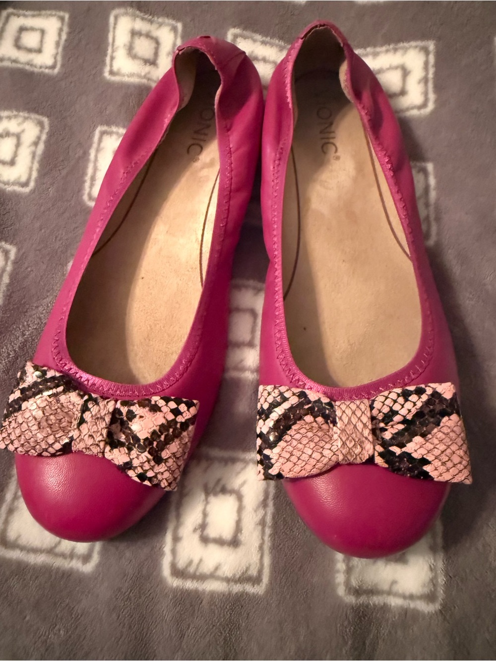 Fuchsia Bow Ballet Flats with Snake-Print Accent